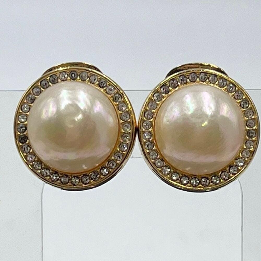 CHRISTIAN DIOR Vintage Designer Signed Gold Plated Faux Pearl Clip On‎ Earrings
